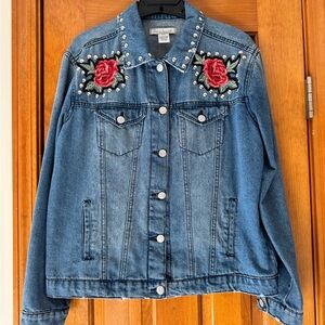Crave Fame Blue Denim Jacket with Red Floral Embroidery